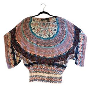 Women’s Blouse Colorful Paisley INC Top Medium Blue Red Sheer Summer Shirt